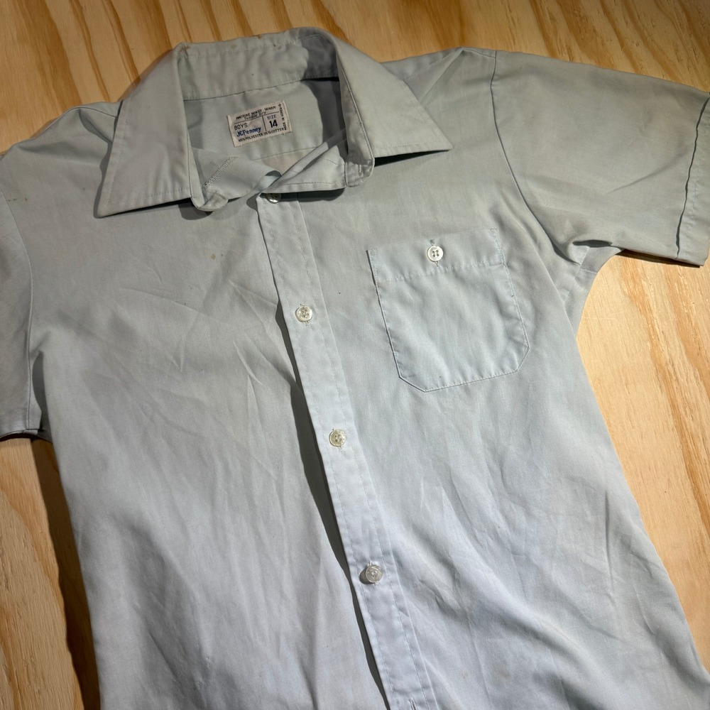 Vintage JCPenney Boys Short Sleeve Button Up Shirt Blue Size 14